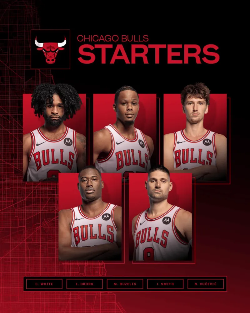 壹号娱乐-公牛首发:科比-怀特、奥科罗、布泽利斯、史密斯、武切维奇